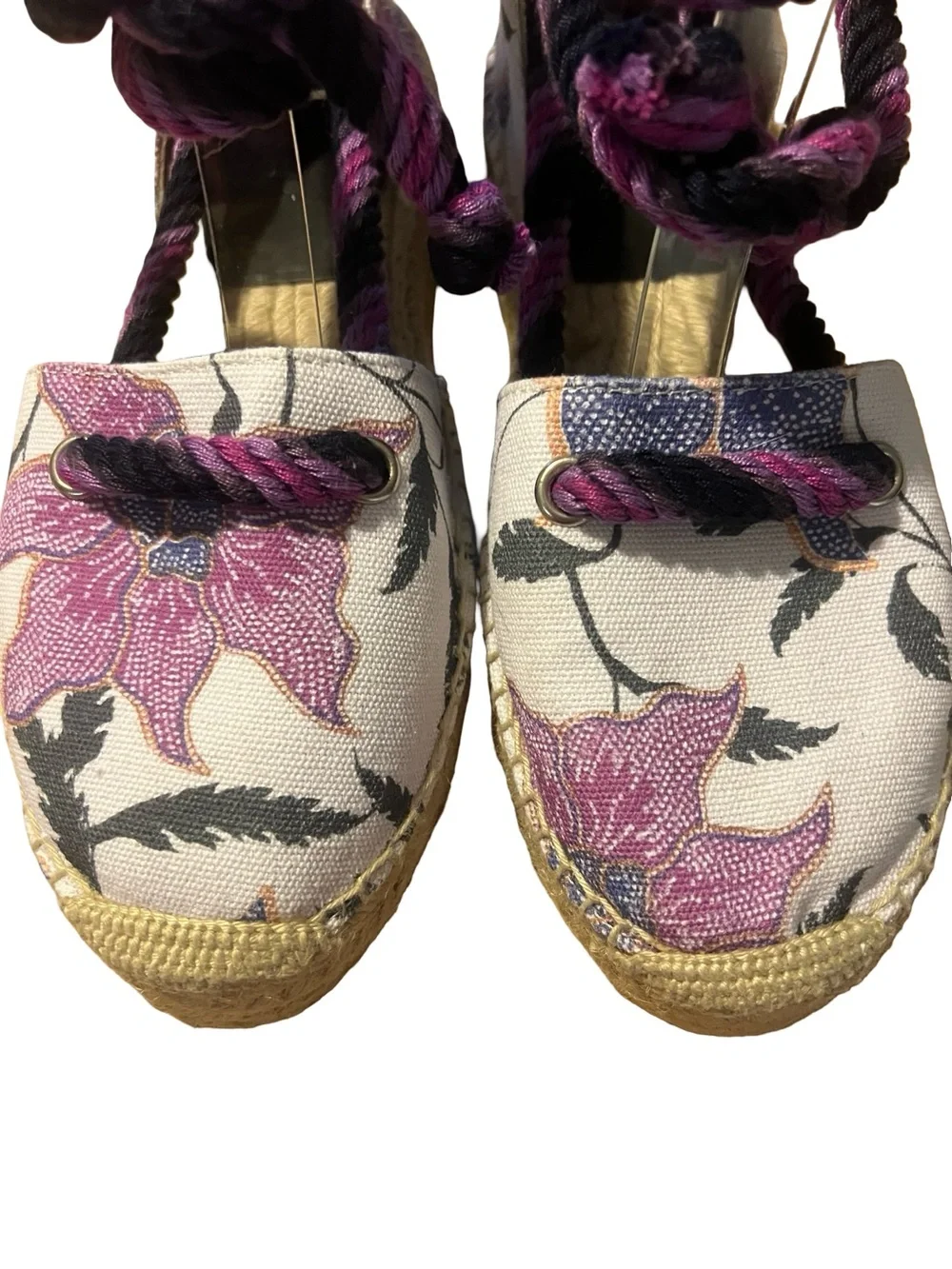 Isabel Marant Floral Canvas Espadrille Wedge Sandals - Pink/Black/Cream 38 7.5